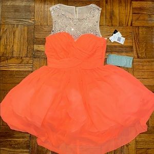 Orange neon coral party dress, gem mesh neckline